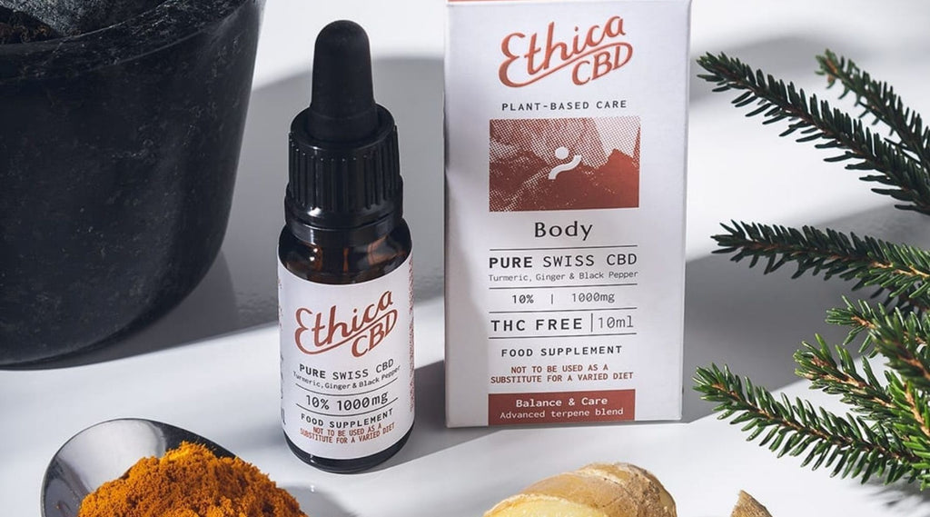 CBD oil on a table, infused with ginger and turmeric.