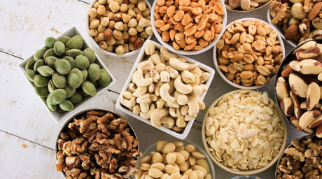 Variety of healthy nuts and seeds to support a vegan diet.