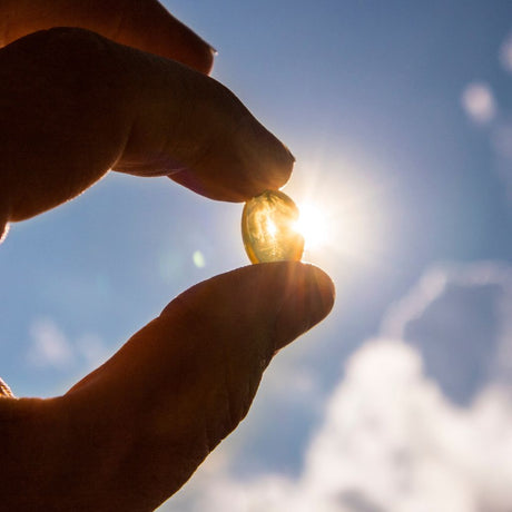 organic vitamin d supplement capsules being held up to the sun