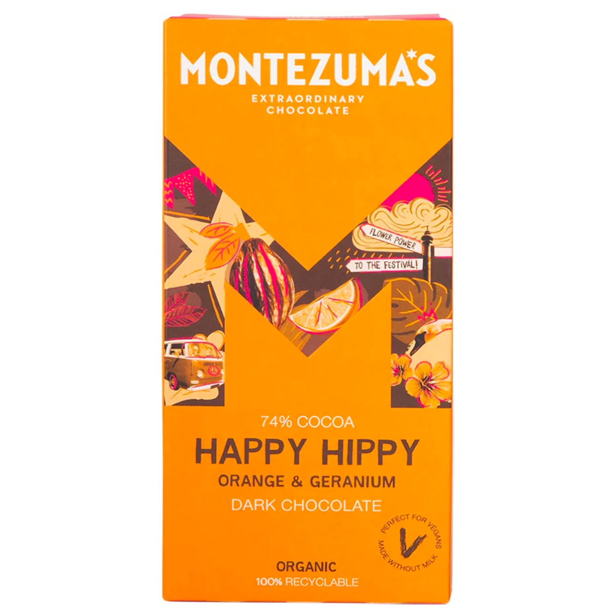 Montezumas Happy Hippy Orange & Geranium Dark Chocolate 90g